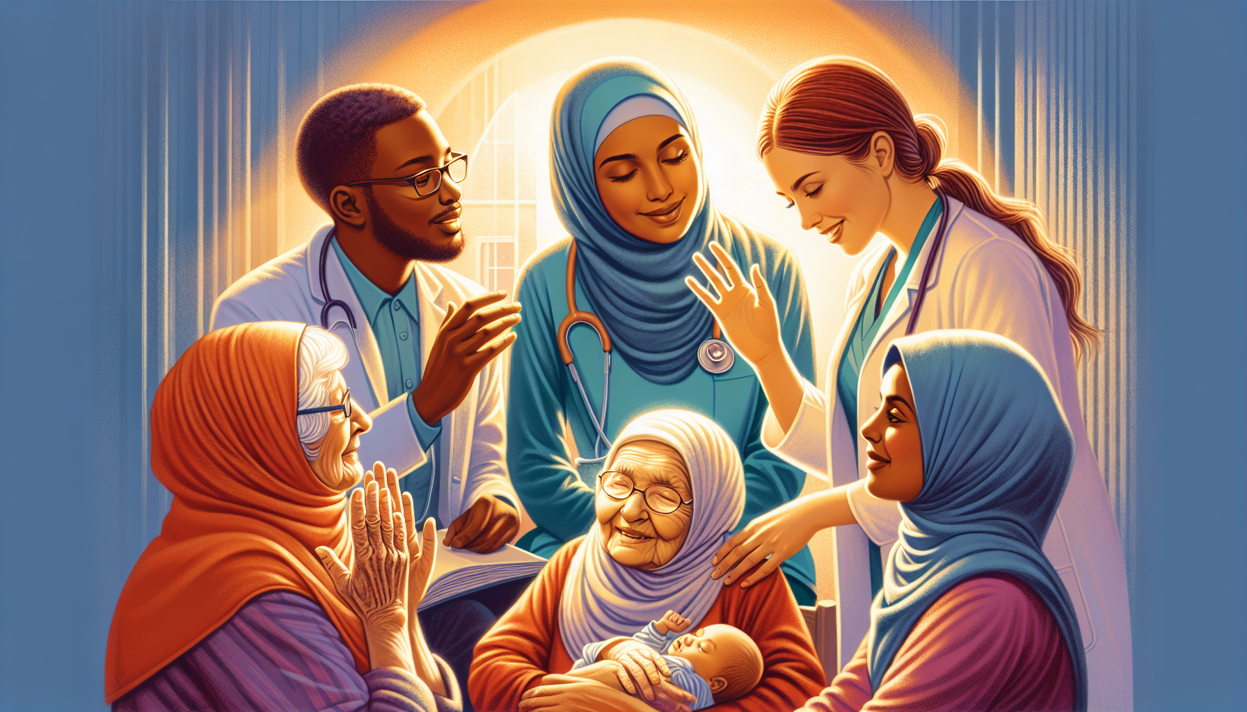 Illustration of healthcare professionals engaging with diverse patients