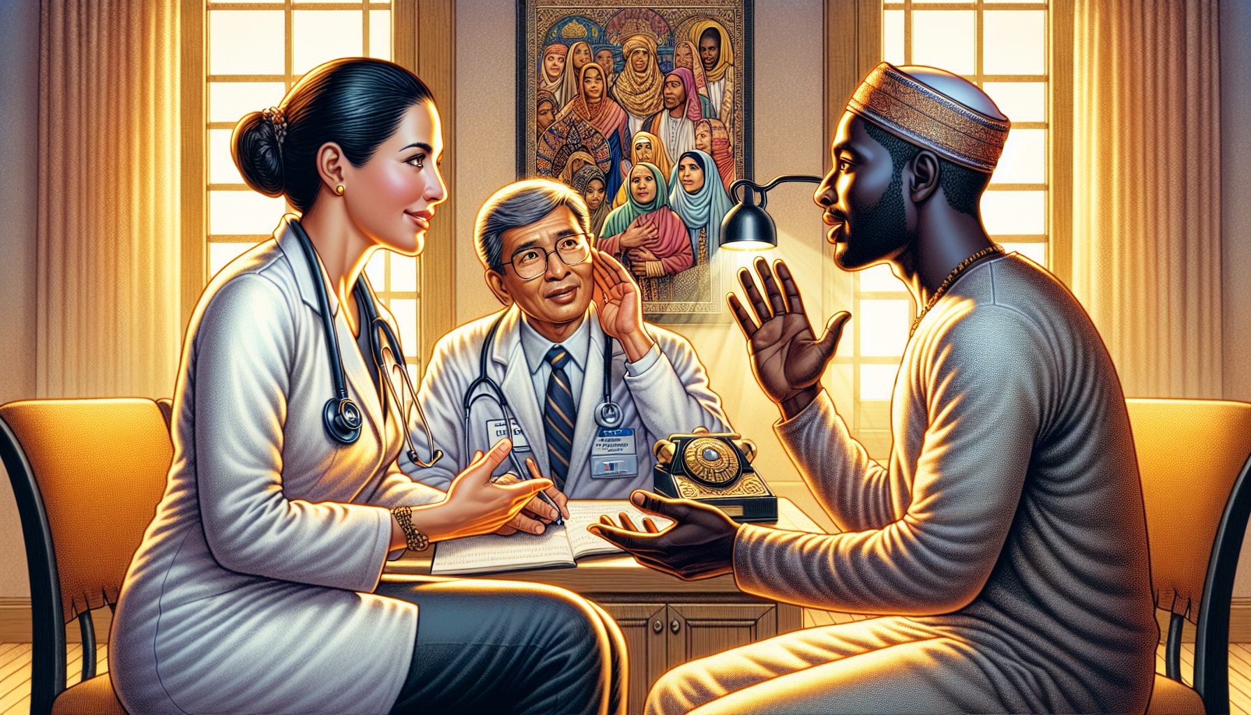 Illustration of a healthcare provider and patient conversing with language interpretation