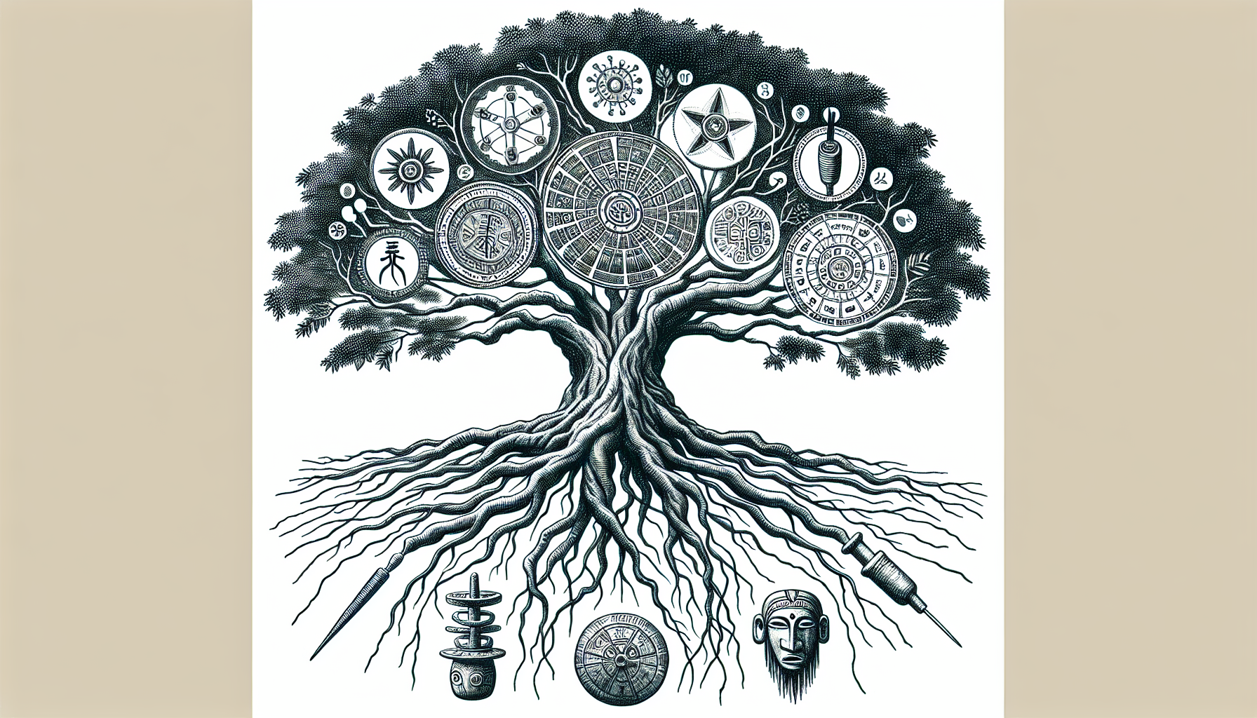 Illustration of a tree with roots in different cultural symbols