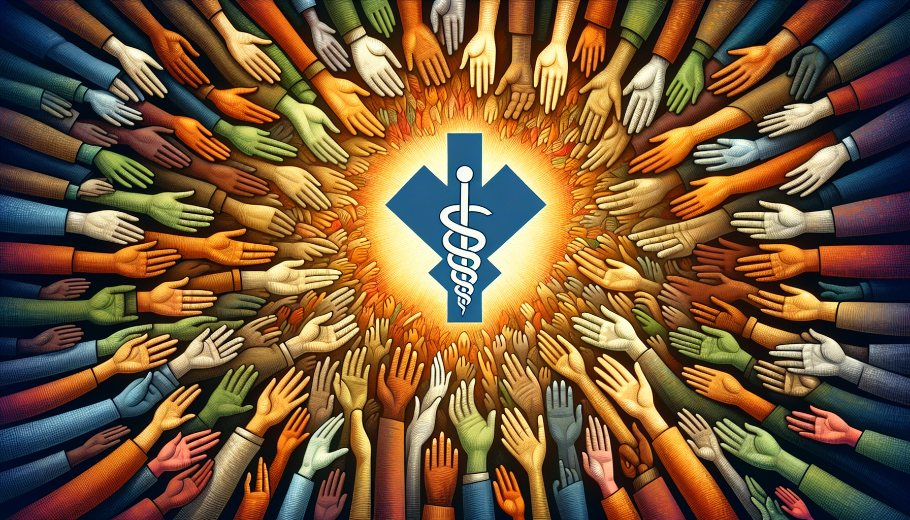 Illustration of diverse hands reaching towards a healthcare symbol