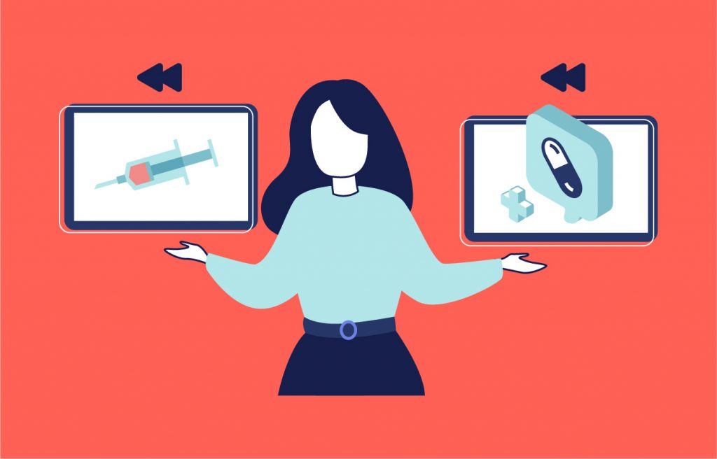 Medical Procedure Animation: A Thorough Guide with 4 Examples 6 Woman comparing medical animation illustrations of a syringe and a pill